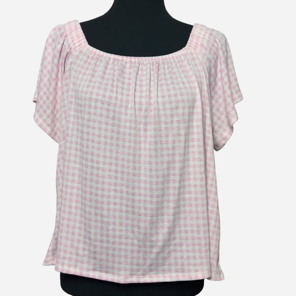 Belle By Belldini Pink/White Gingham Check Top Short‎ Sleeve Large Summer NEW